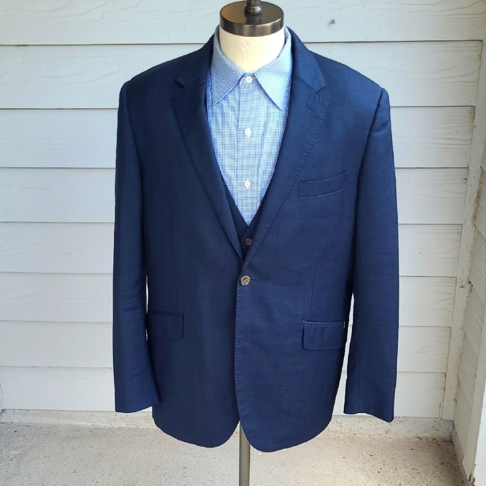 INDOCHINO 2 PC Blue Grey Weave Wool Rainbow Stripe Sz 46 R‎ Mens Sport Coat Vest